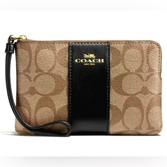 Coach Handbags - NWT Coach Corner Zip Wristlet In Signature Canvas Khaki Black 6 1/4” x 4”